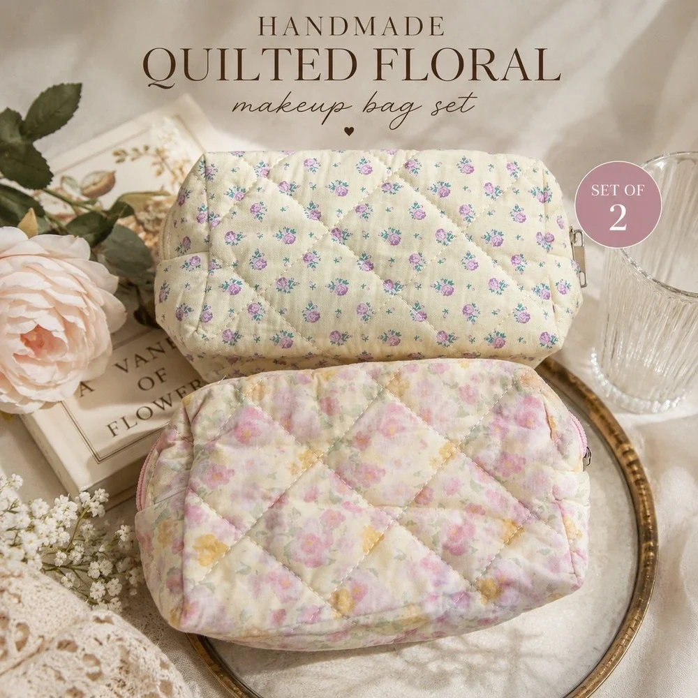 Handmade Quilted Floral Cosmetic Bag Set Cottagecore Coquette Makeup Pouches